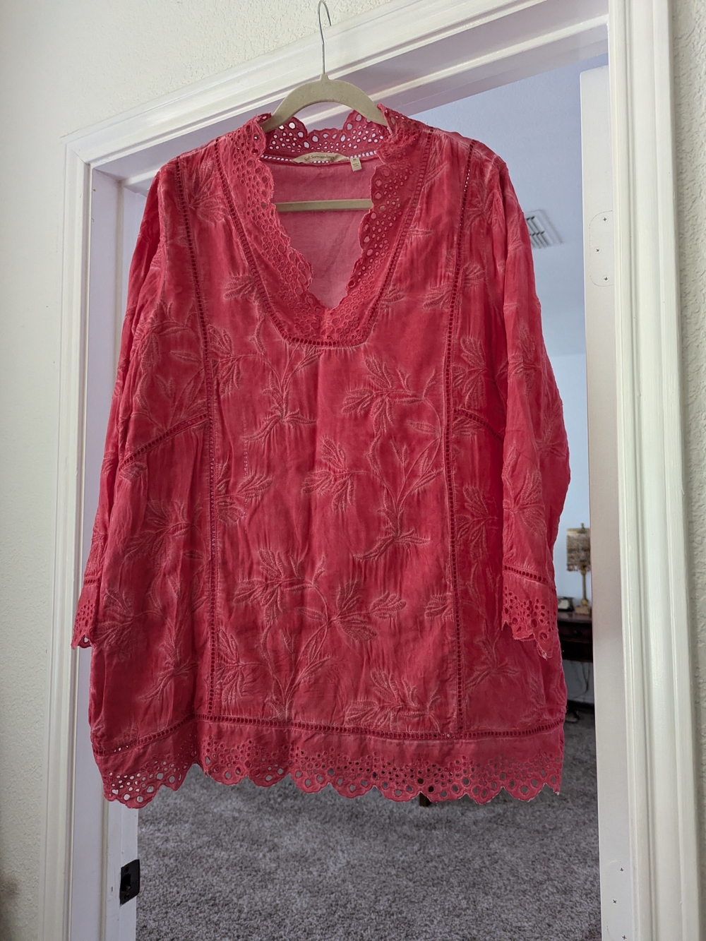 Soft Surroundings Coral/Red Lace-Trim V-Neck Tunic